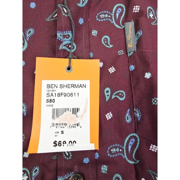 Ben Sherman Size Small Mens Burgundy Blue Paisley Button Down Logo Tag Shirt NWT - Picture 5 of 11